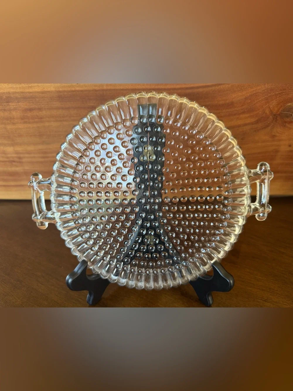 Clear Pressed Glass Handled Serving Plate Hobnail Dot Scalloped Edge